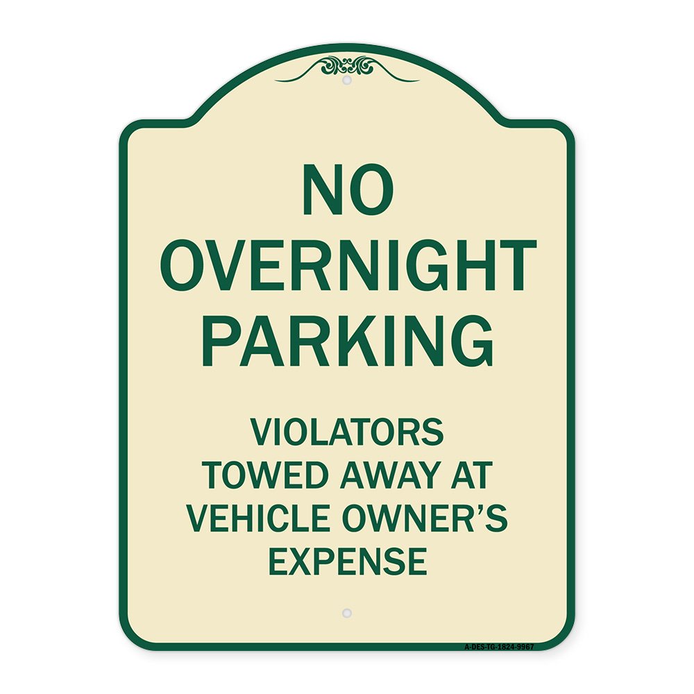 Signmission Designer Series-No Overnight Parking, Tan & Green Heavy-Gauge Aluminum, 24" x 18", TG-1824-9967 A-DES-TG-1824-9967